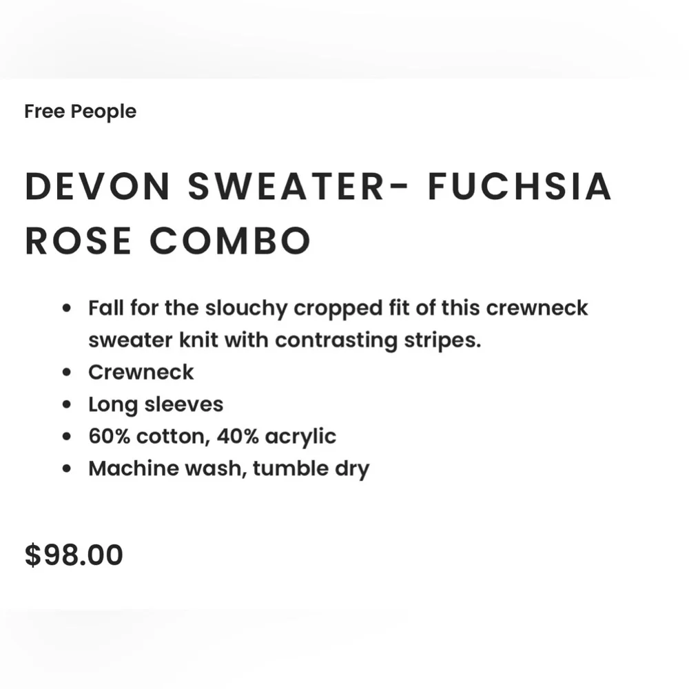 Free People Devon Sweater in Fuchsia Rose Combo. NWT Size Medium. - Picture 6 of 6